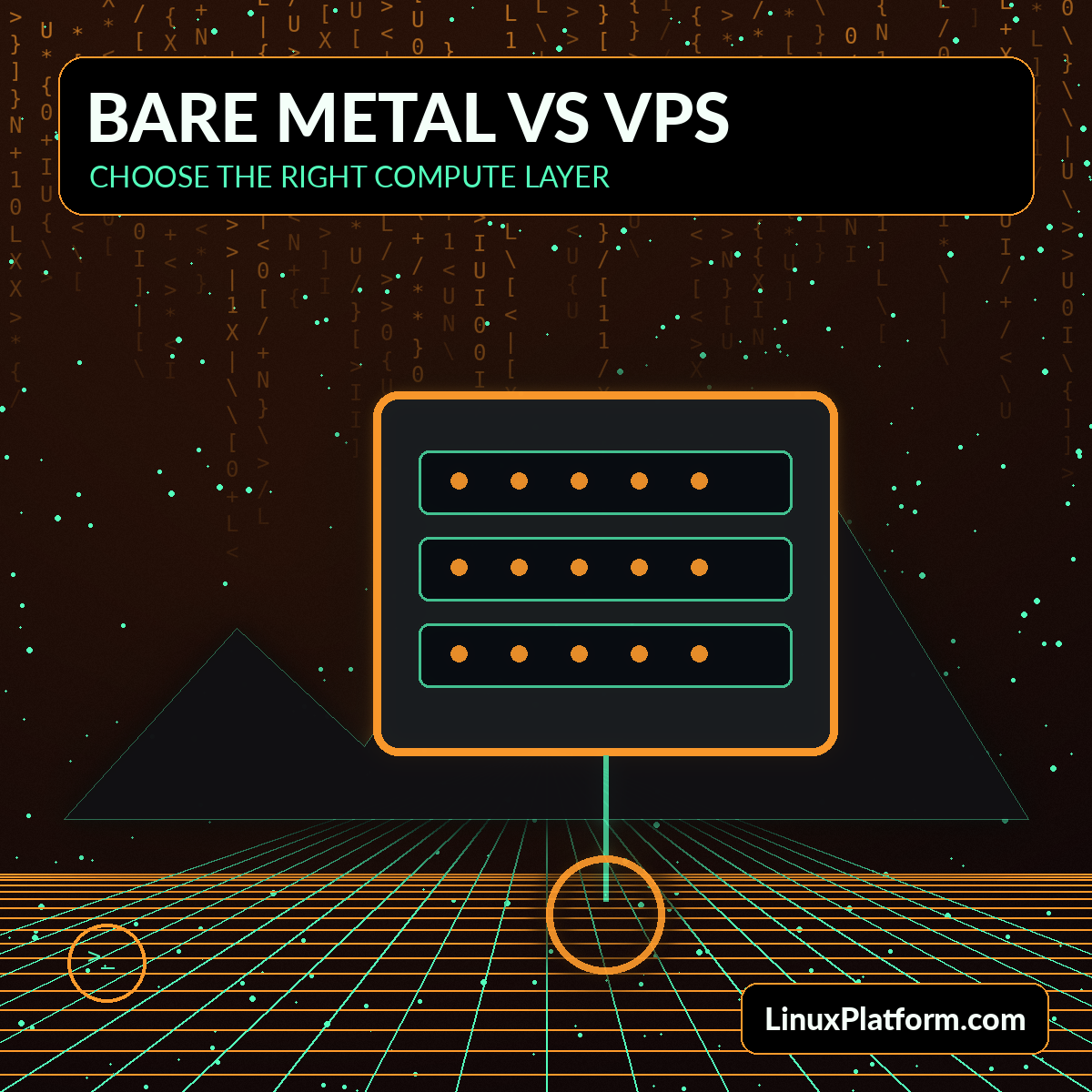 Futuristic bare metal Linux server chassis in a neon landscape with LinuxPlatform.com watermark