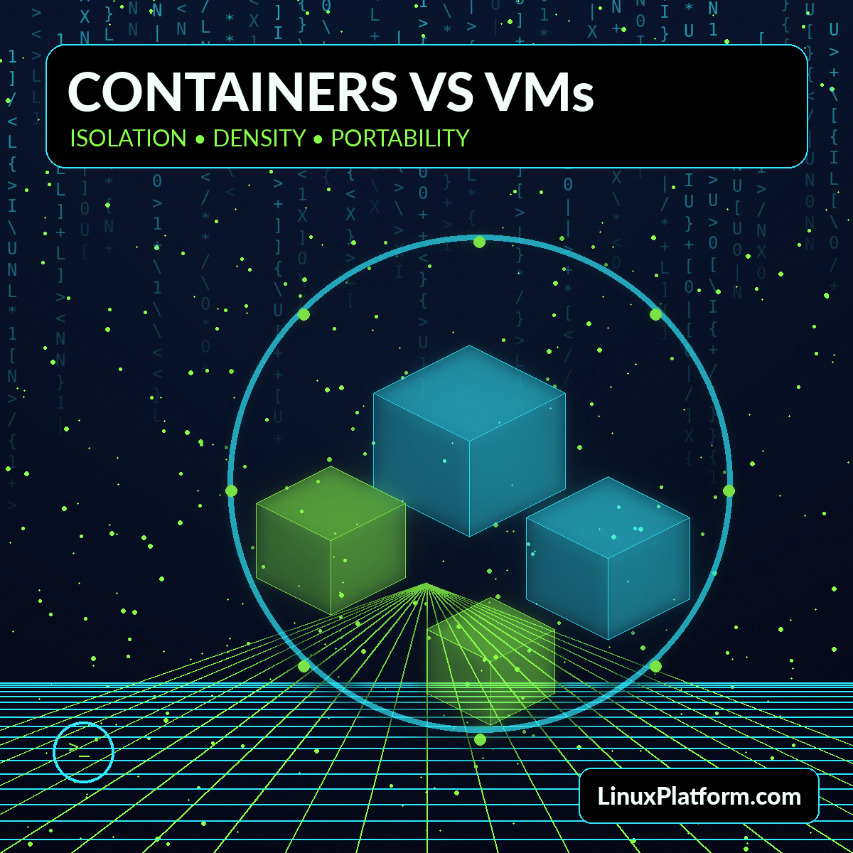 Floating neon Linux containers and virtual machine cubes with LinuxPlatform.com watermark
