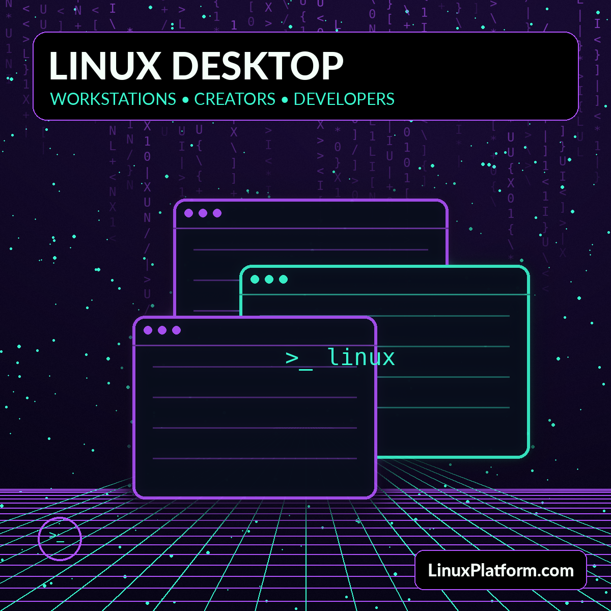 Futuristic layered Linux desktop interface panels with LinuxPlatform.com watermark