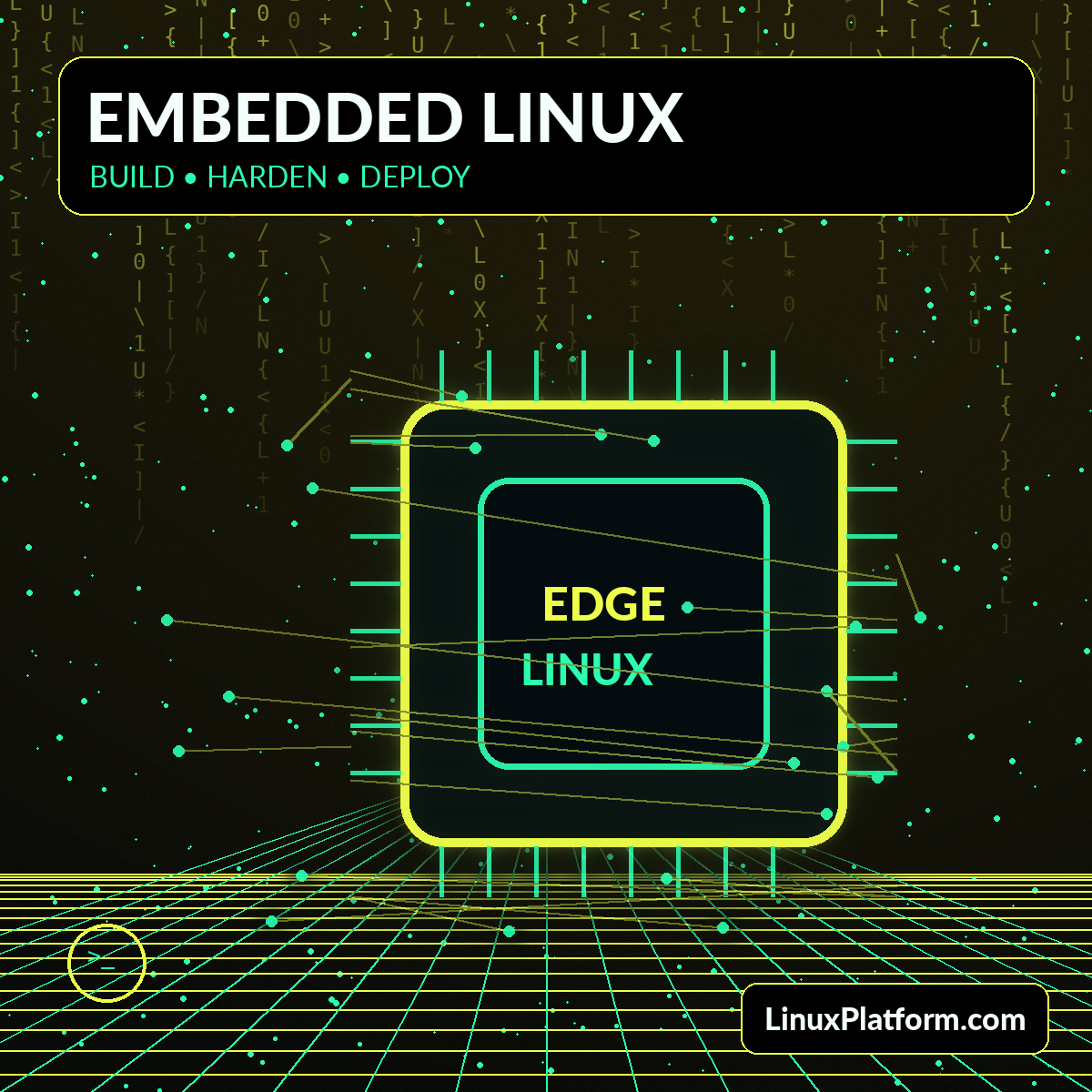 Futuristic embedded Linux processor and circuit network with LinuxPlatform.com watermark