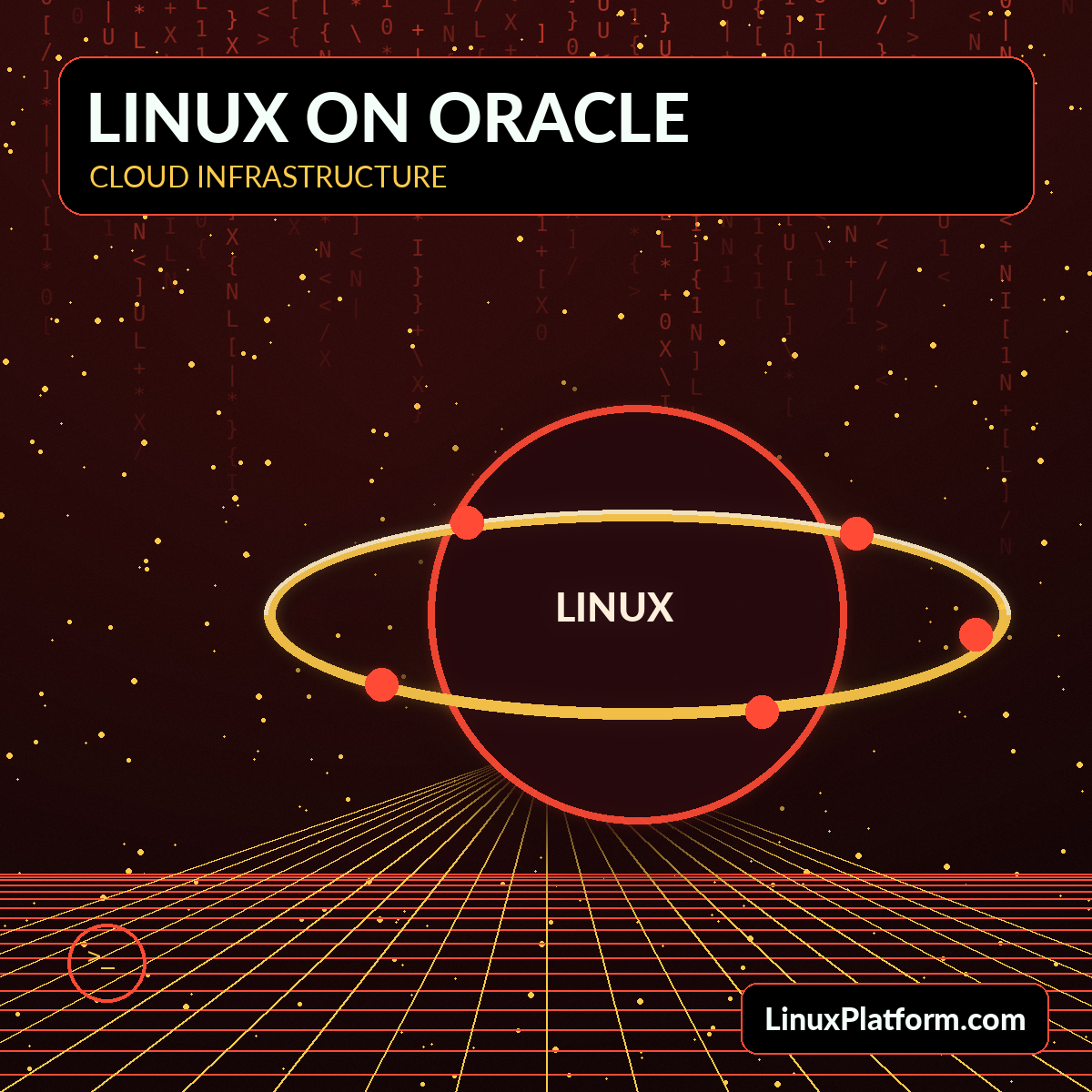 Futuristic red orbital Linux cloud infrastructure planet with LinuxPlatform.com watermark