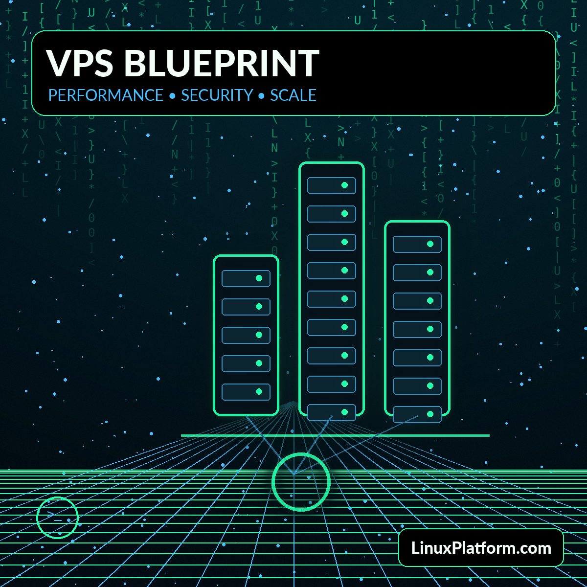 Futuristic Linux VPS server towers connected by neon infrastructure with LinuxPlatform.com watermark
